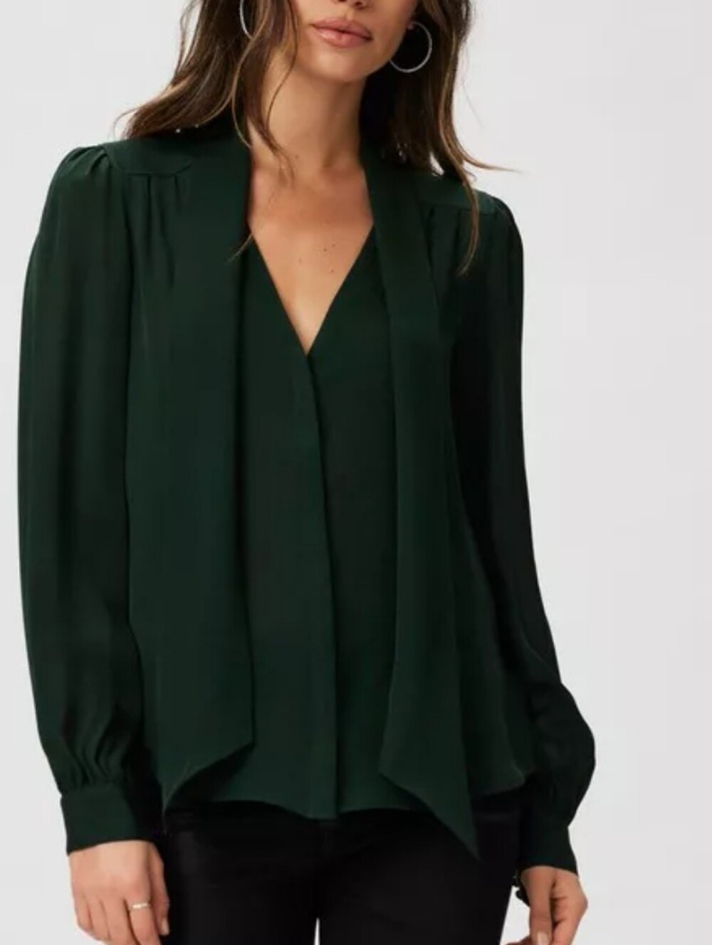 PAIGE Kristie Blouse 100% Silk Dark Green Tie-Neck Blouse Pleats Size Large